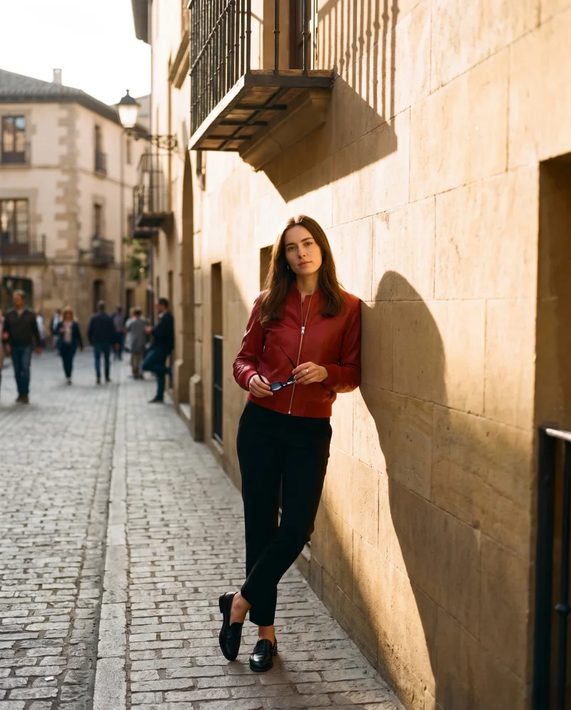 A model wearing the red leather bomber in a sunlit lane