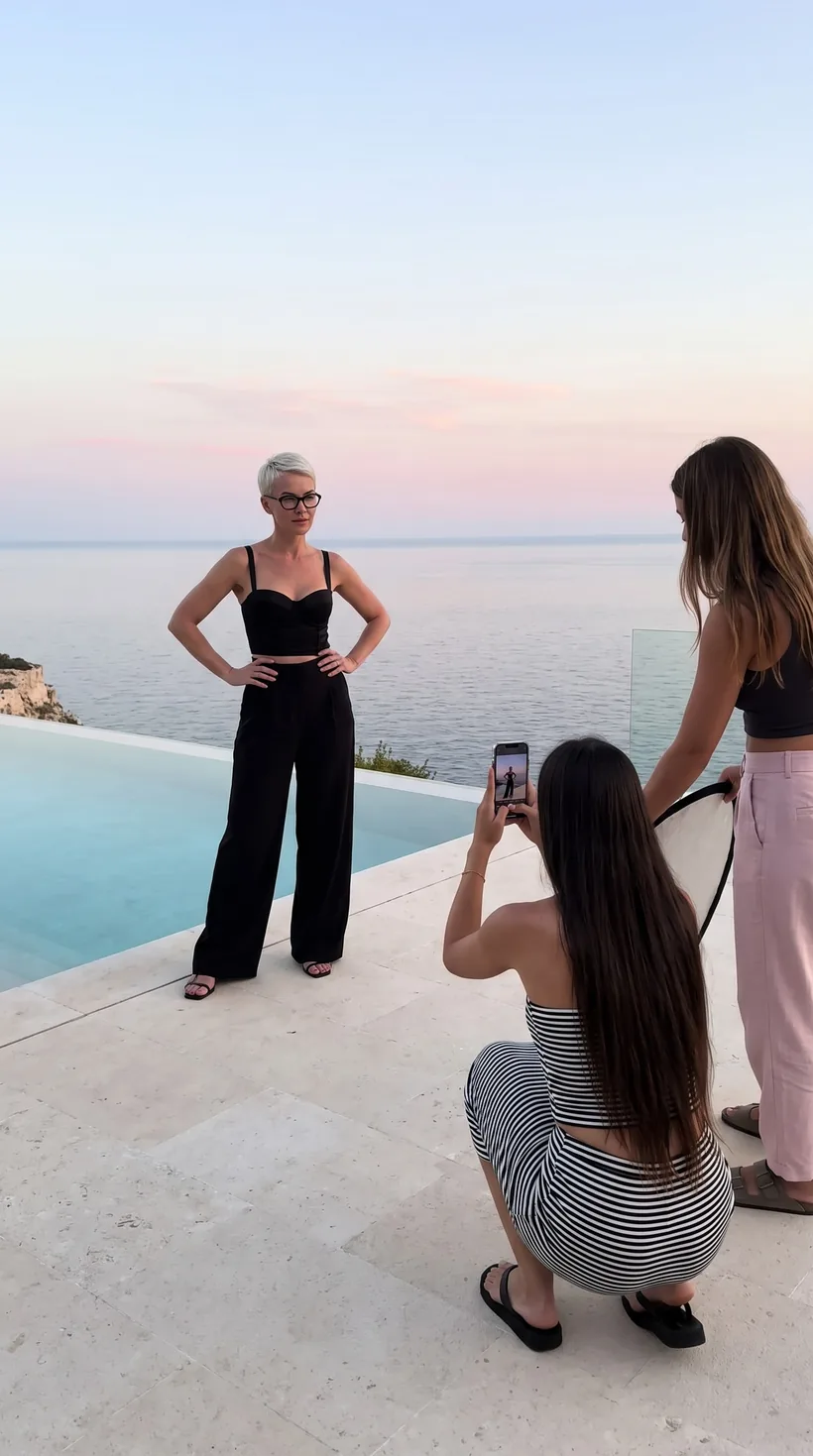 Behind the scenes of a clifftop photoshoot: a woman poses while a friend shoots her on a phone