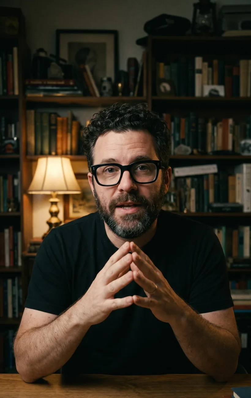 A creator with glasses and a beard talking to camera in a dark home study
