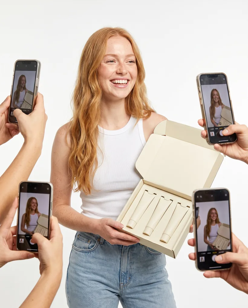 A smiling woman opening a PR box while phones film her