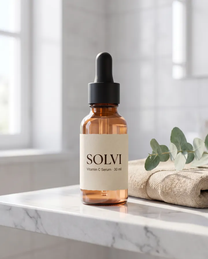 The SOLVI serum on a marble bathroom counter