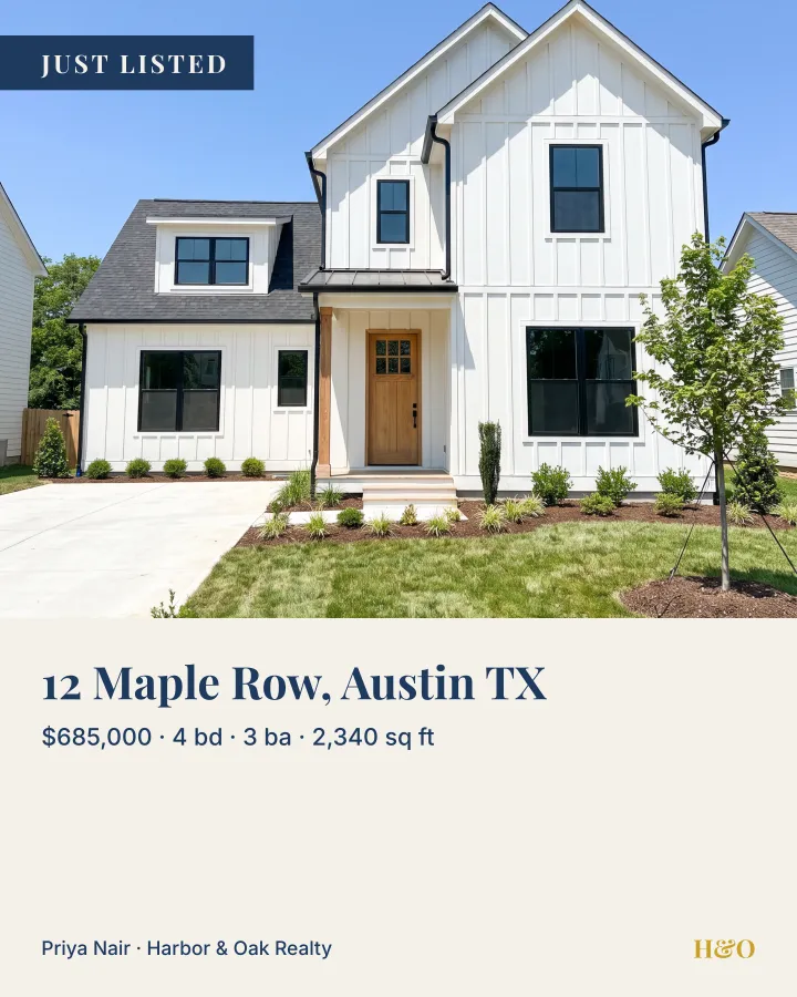 A “Just Listed” post made from a listing photo of a white house