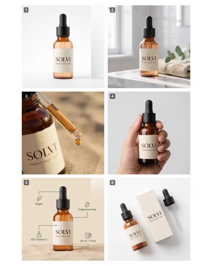 A six-image product-page set for the SOLVI serum
