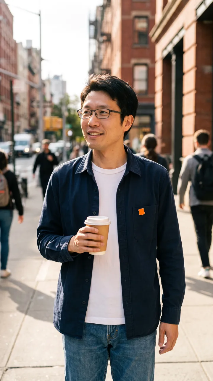 A man with a coffee on a city street, candid