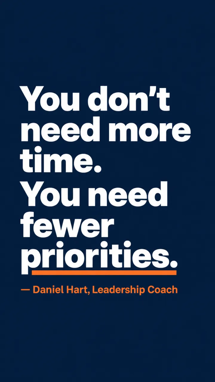 A navy quote card: “You don’t need more time. You need fewer priorities.”