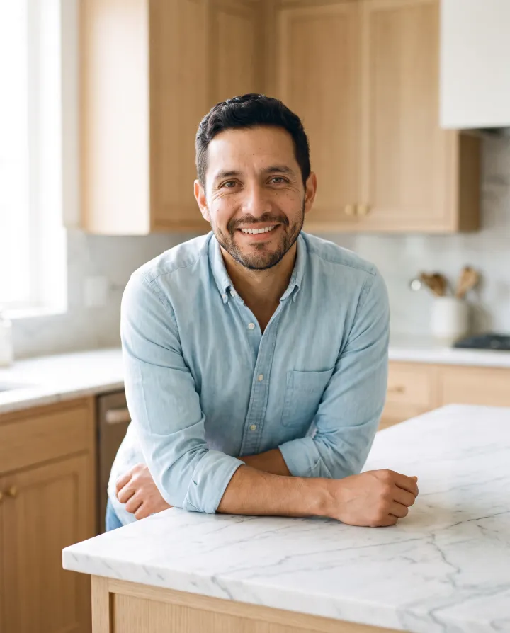 An agent leaning on a kitchen island, smiling