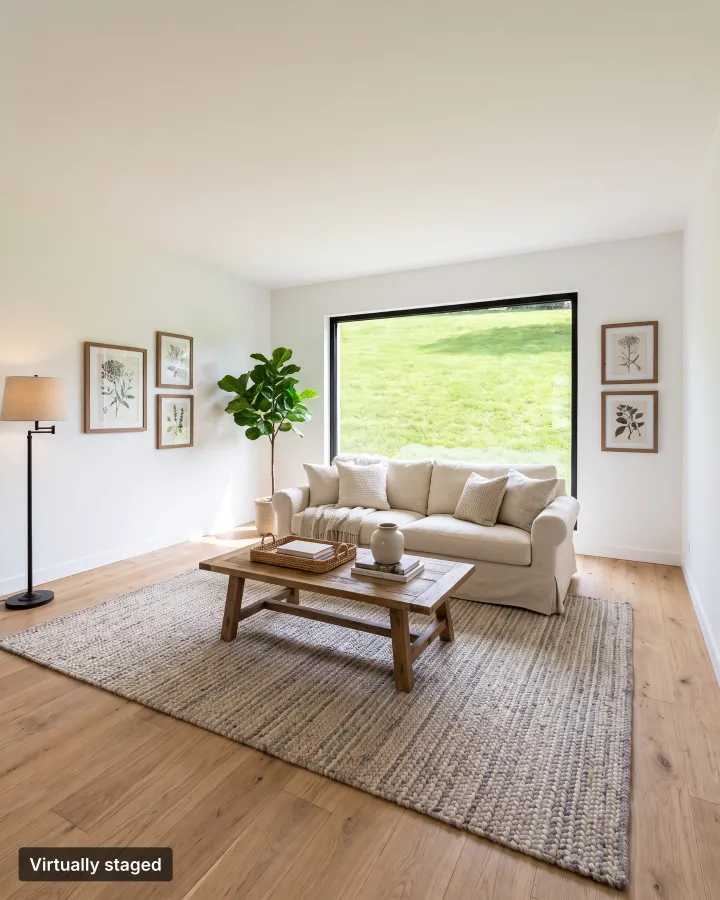 A living room furnished by Virtual Staging, labelled “Virtually staged”